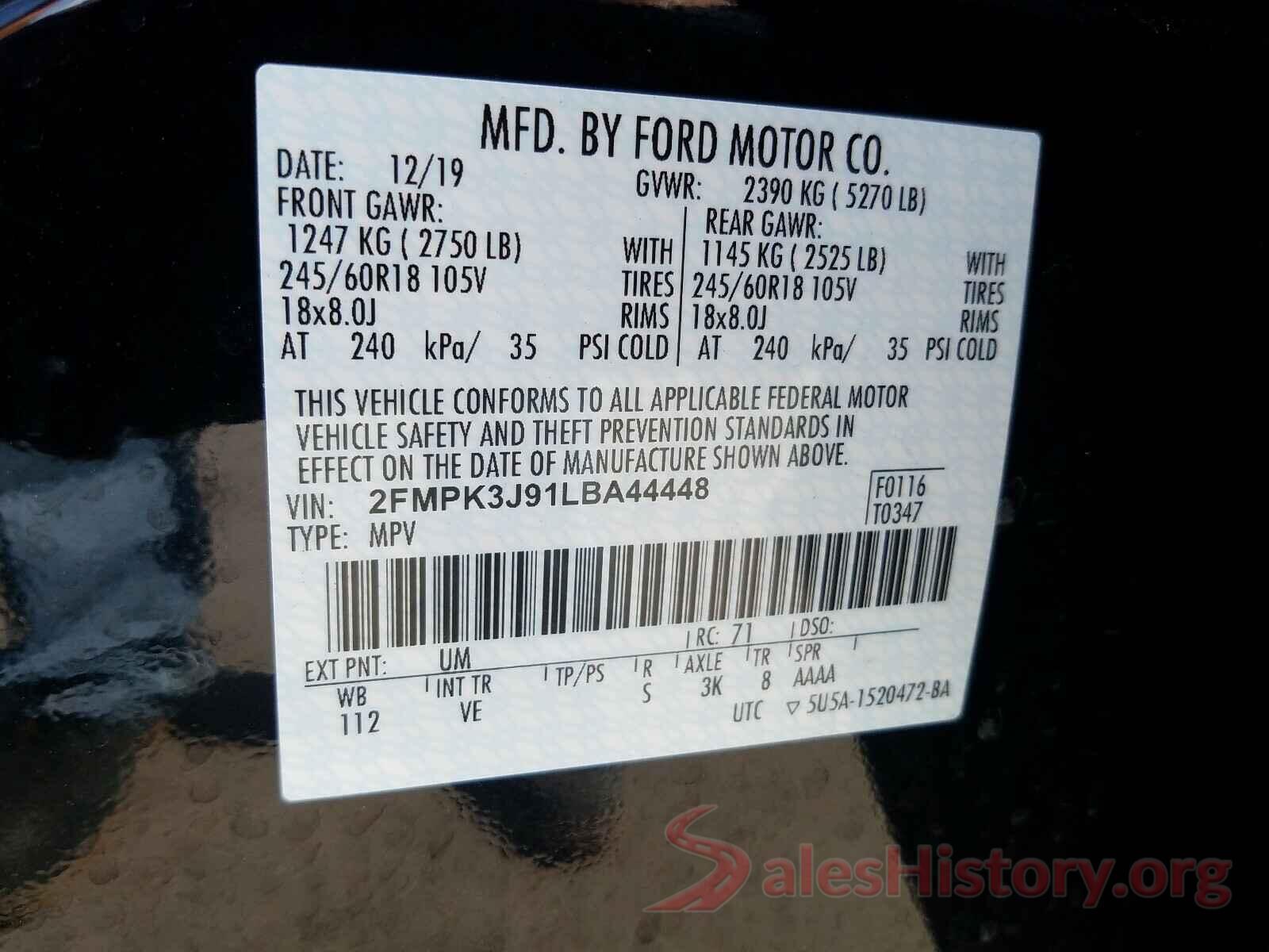 2FMPK3J91LBA44448 2020 FORD EDGE