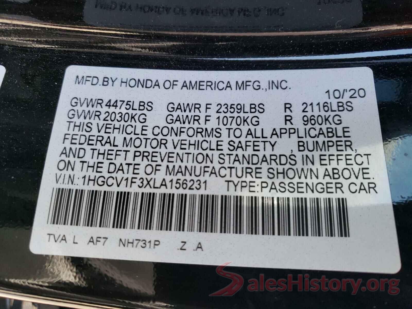 1HGCV1F3XLA156231 2020 HONDA ACCORD