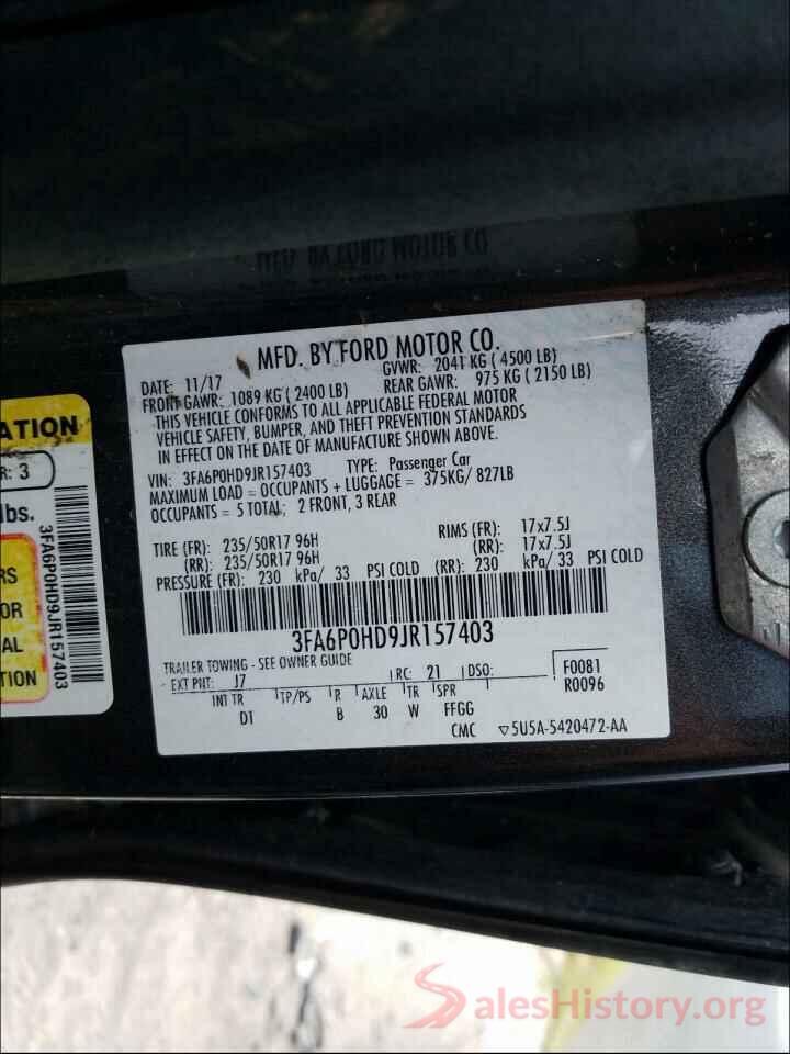 3FA6P0HD9JR157403 2018 FORD FUSION