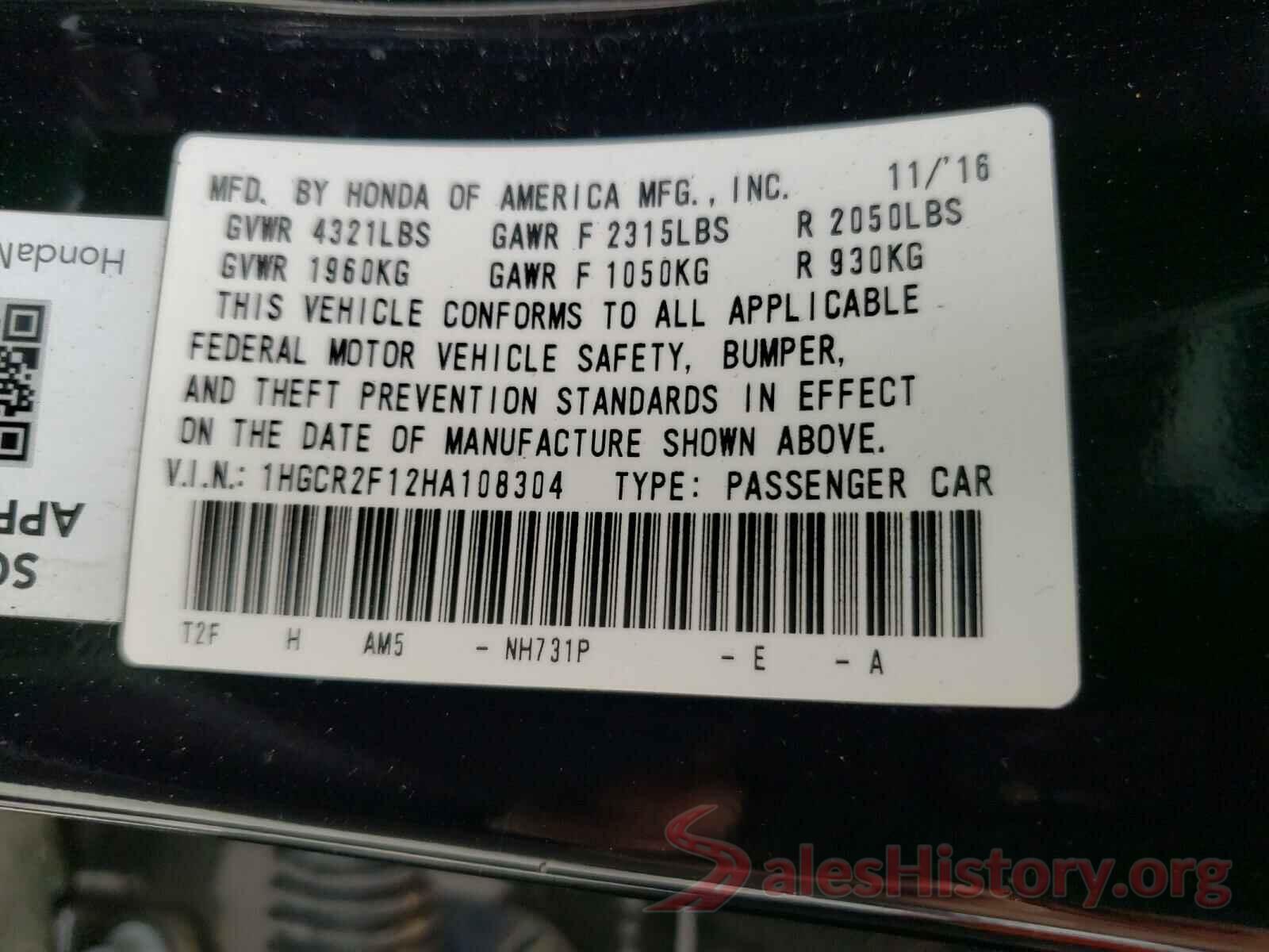 1HGCR2F12HA108304 2017 HONDA ACCORD