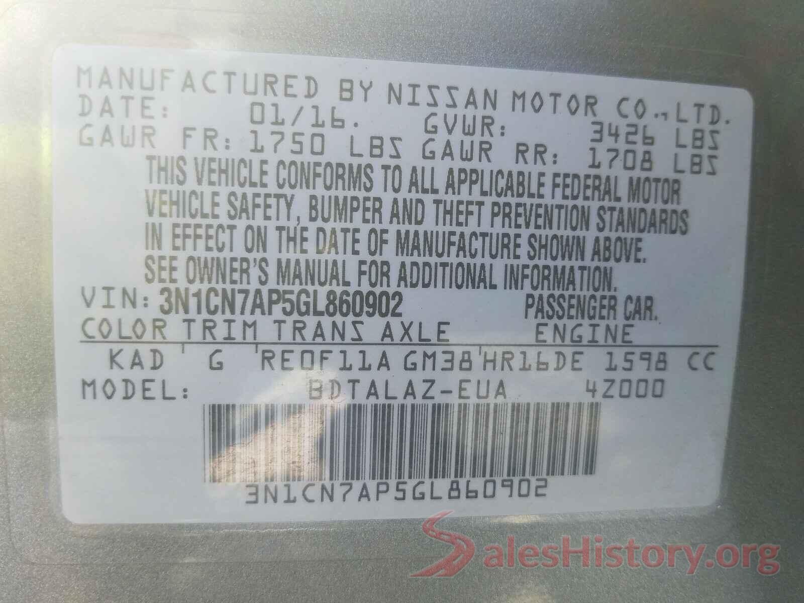 3N1CN7AP5GL860902 2016 NISSAN VERSA