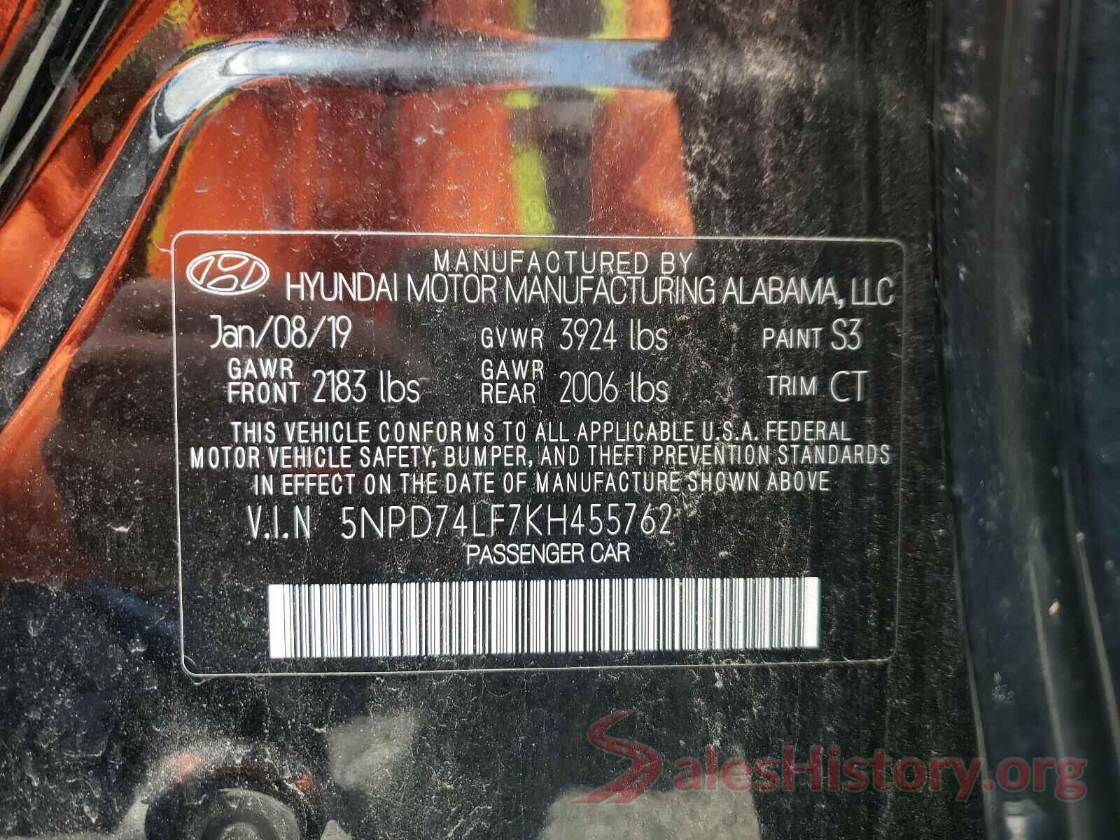 5NPD74LF7KH455762 2019 HYUNDAI ELANTRA