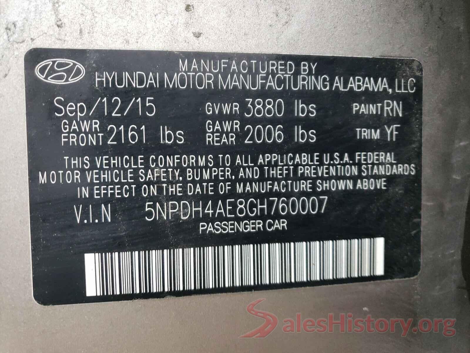 5NPDH4AE8GH760007 2016 HYUNDAI ELANTRA