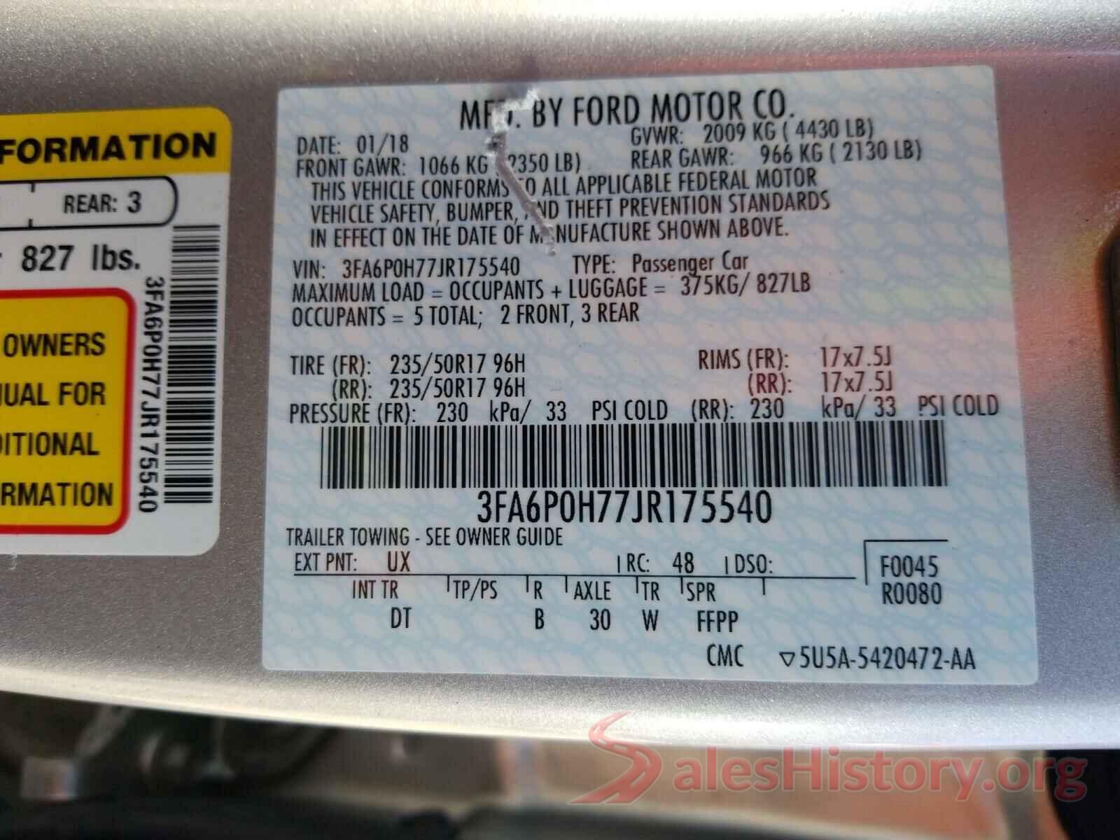 3FA6P0H77JR175540 2018 FORD FUSION