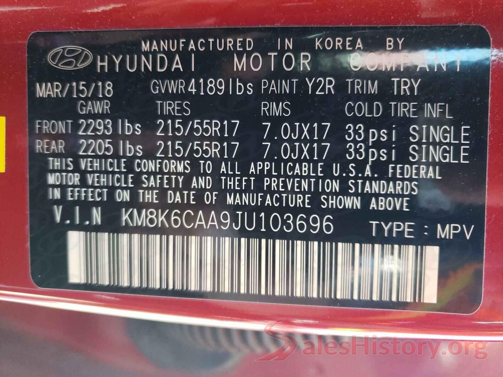 KM8K6CAA9JU103696 2018 HYUNDAI KONA