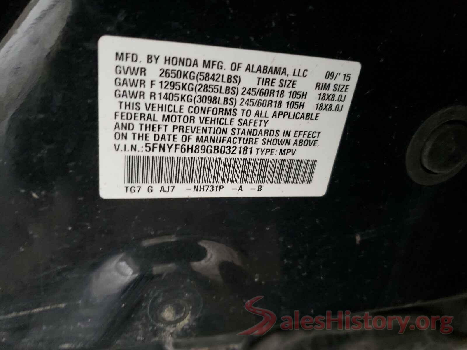 5FNYF6H89GB032181 2016 HONDA PILOT