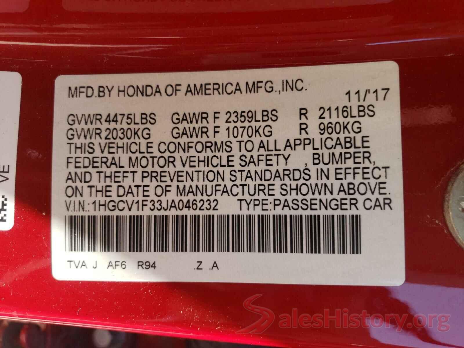 1HGCV1F33JA046232 2018 HONDA ACCORD