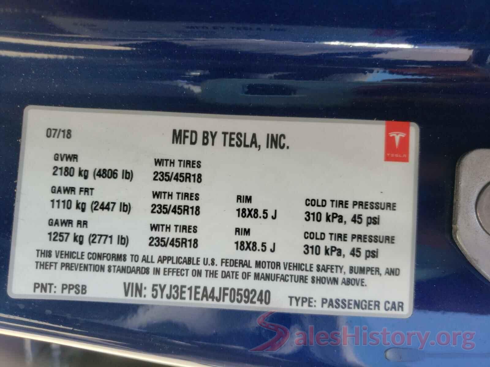 5YJ3E1EA4JF059240 2018 TESLA MODEL 3