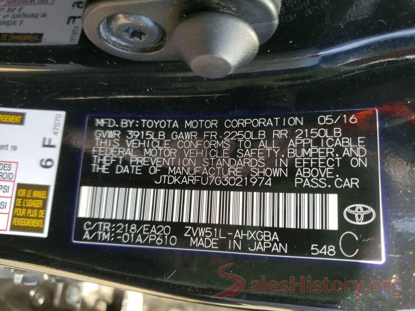 JTDKARFU7G3021974 2016 TOYOTA PRIUS