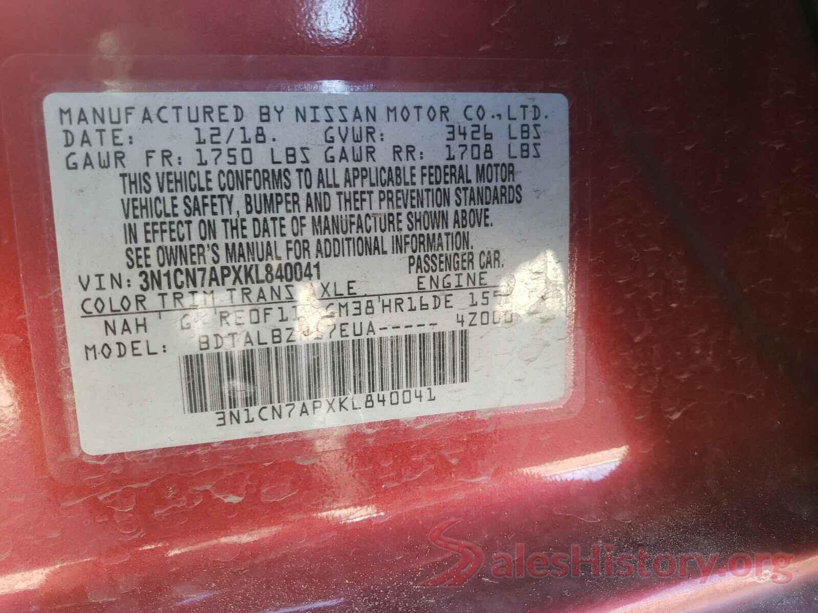 3N1CN7APXKL840041 2019 NISSAN VERSA