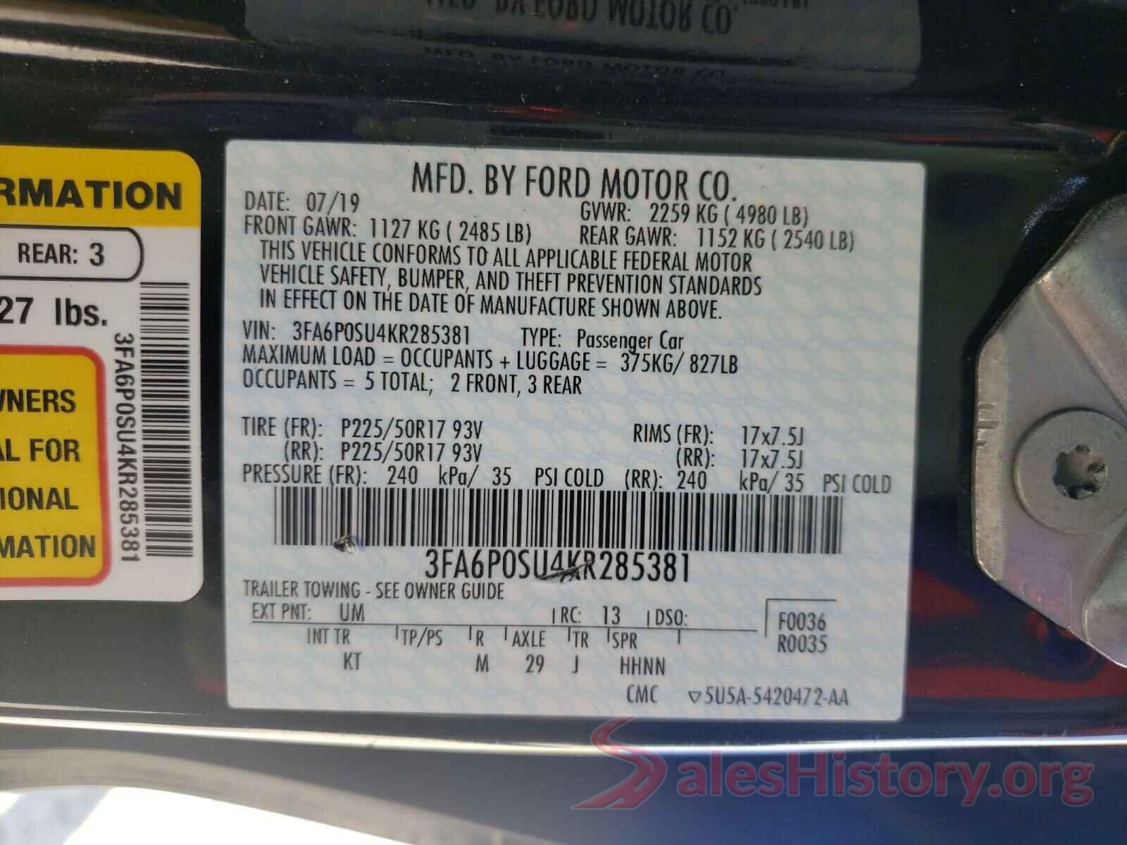 3FA6P0SU4KR285381 2019 FORD FUSION