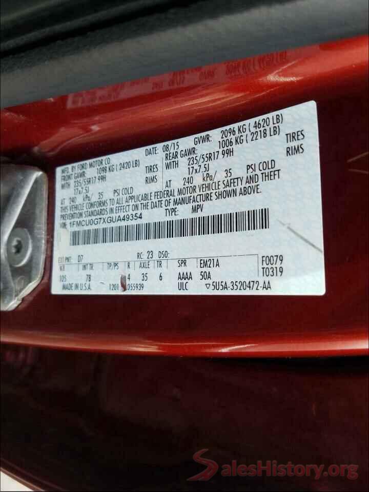 1FMCU0G7XGUA49354 2016 FORD ESCAPE