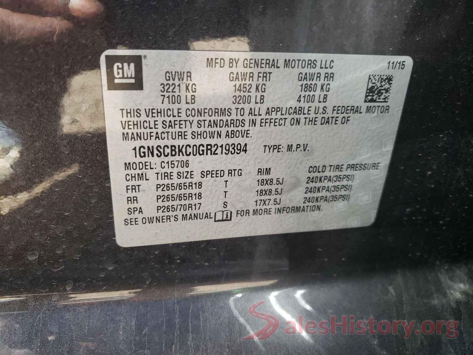 1GNSCBKC0GR219394 2016 CHEVROLET TAHOE