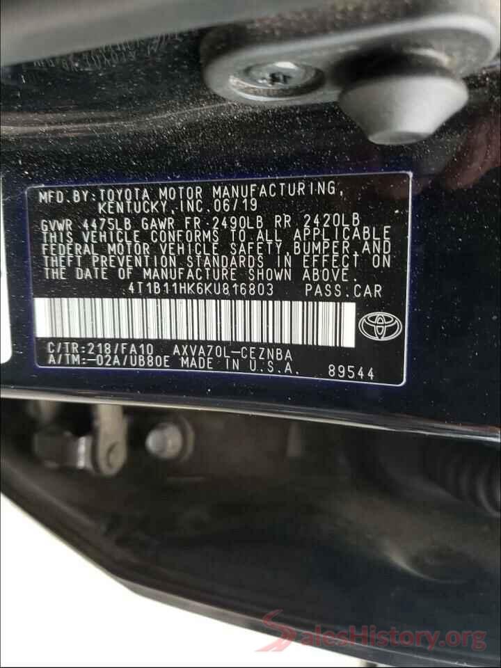 4T1B11HK6KU816803 2019 TOYOTA CAMRY