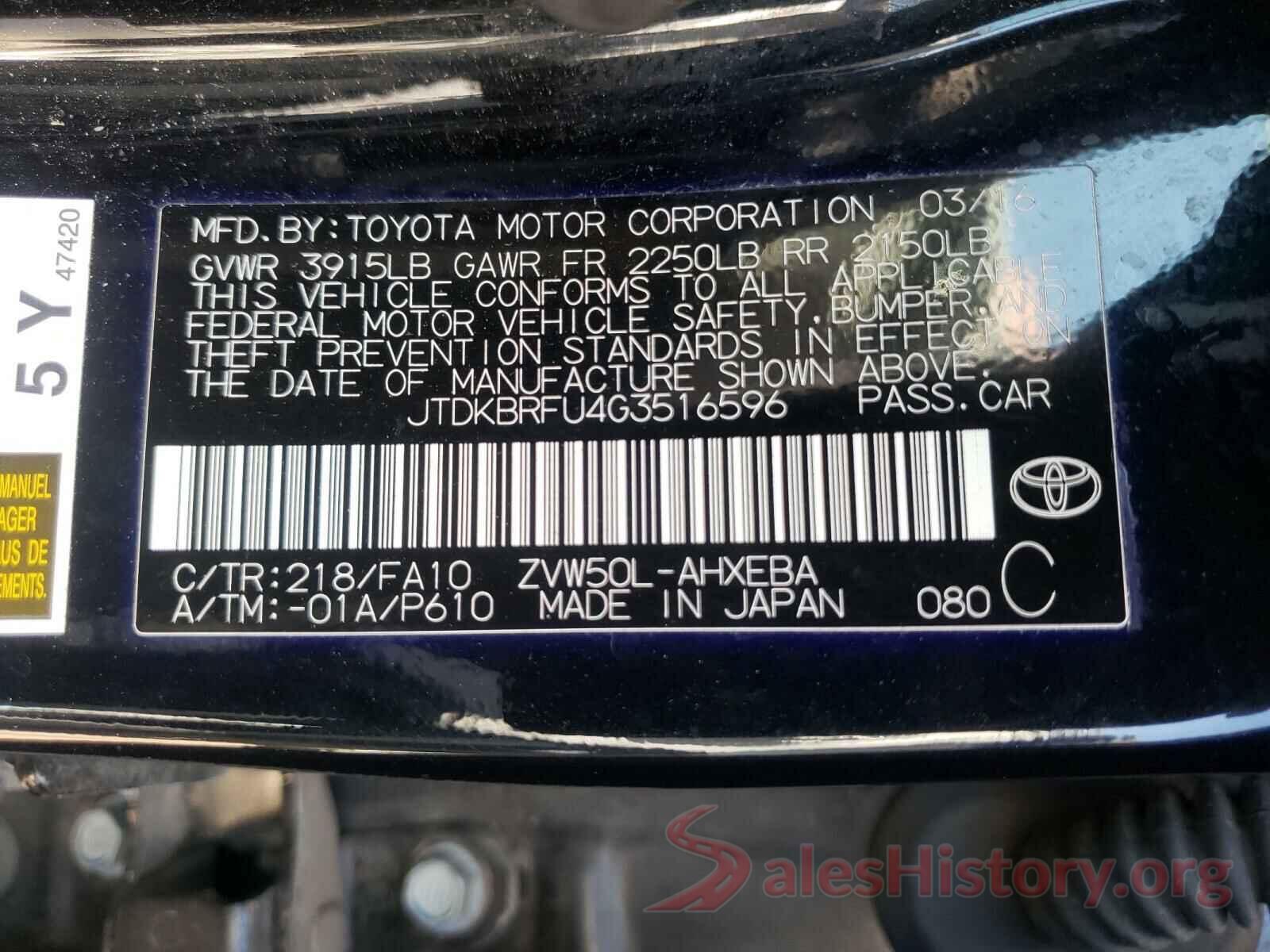 JTDKBRFU4G3516596 2016 TOYOTA PRIUS