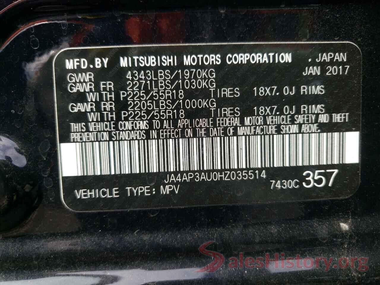 JA4AP3AU0HZ035514 2017 MITSUBISHI OUTLANDER