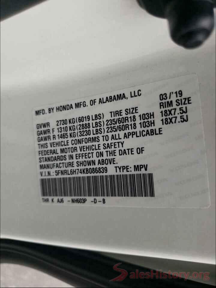 5FNRL6H74KB086839 2019 HONDA ODYSSEY