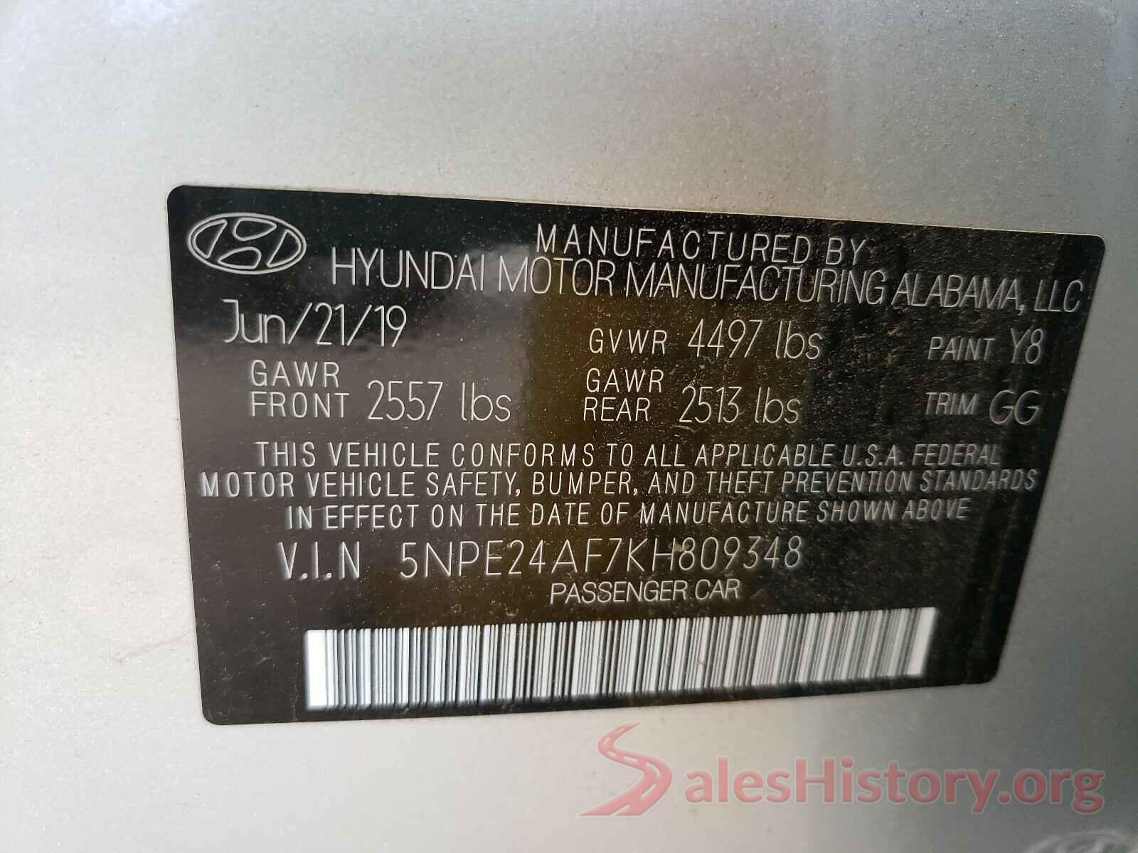 5NPE24AF7KH809348 2019 HYUNDAI SONATA