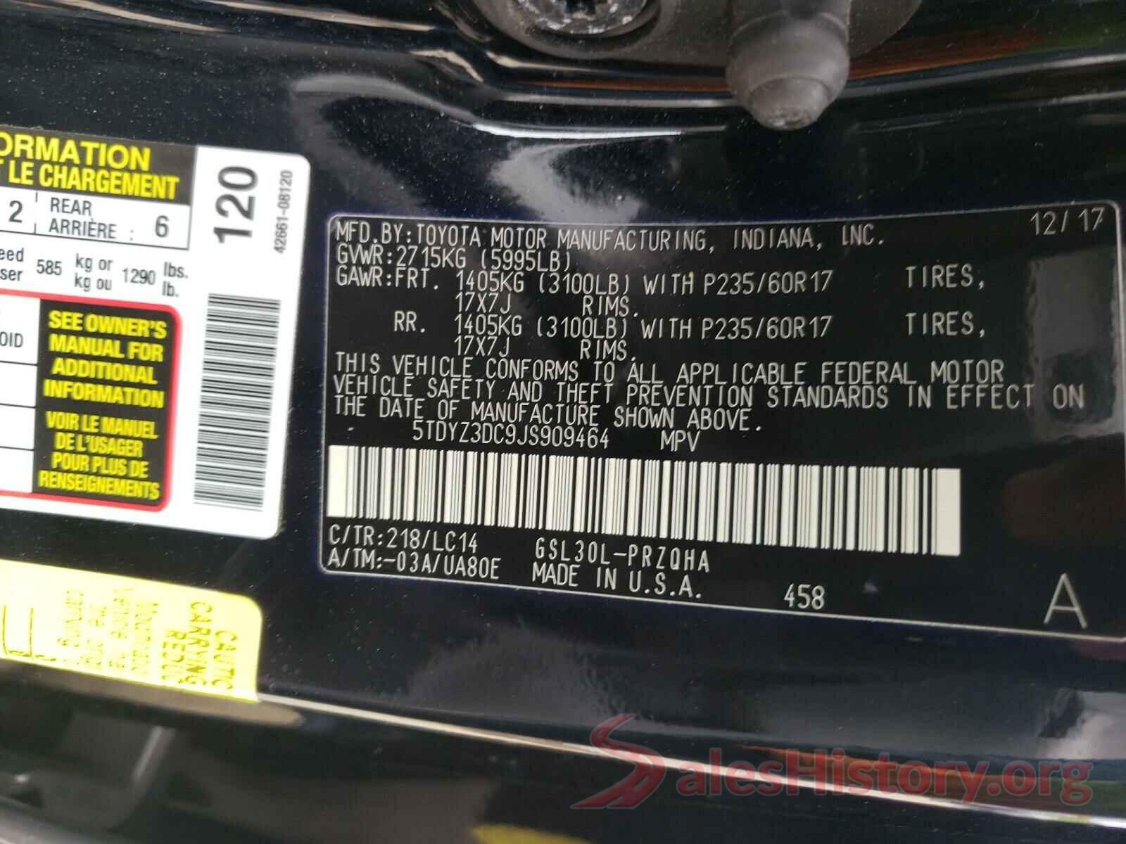 5TDYZ3DC9JS909464 2018 TOYOTA SIENNA