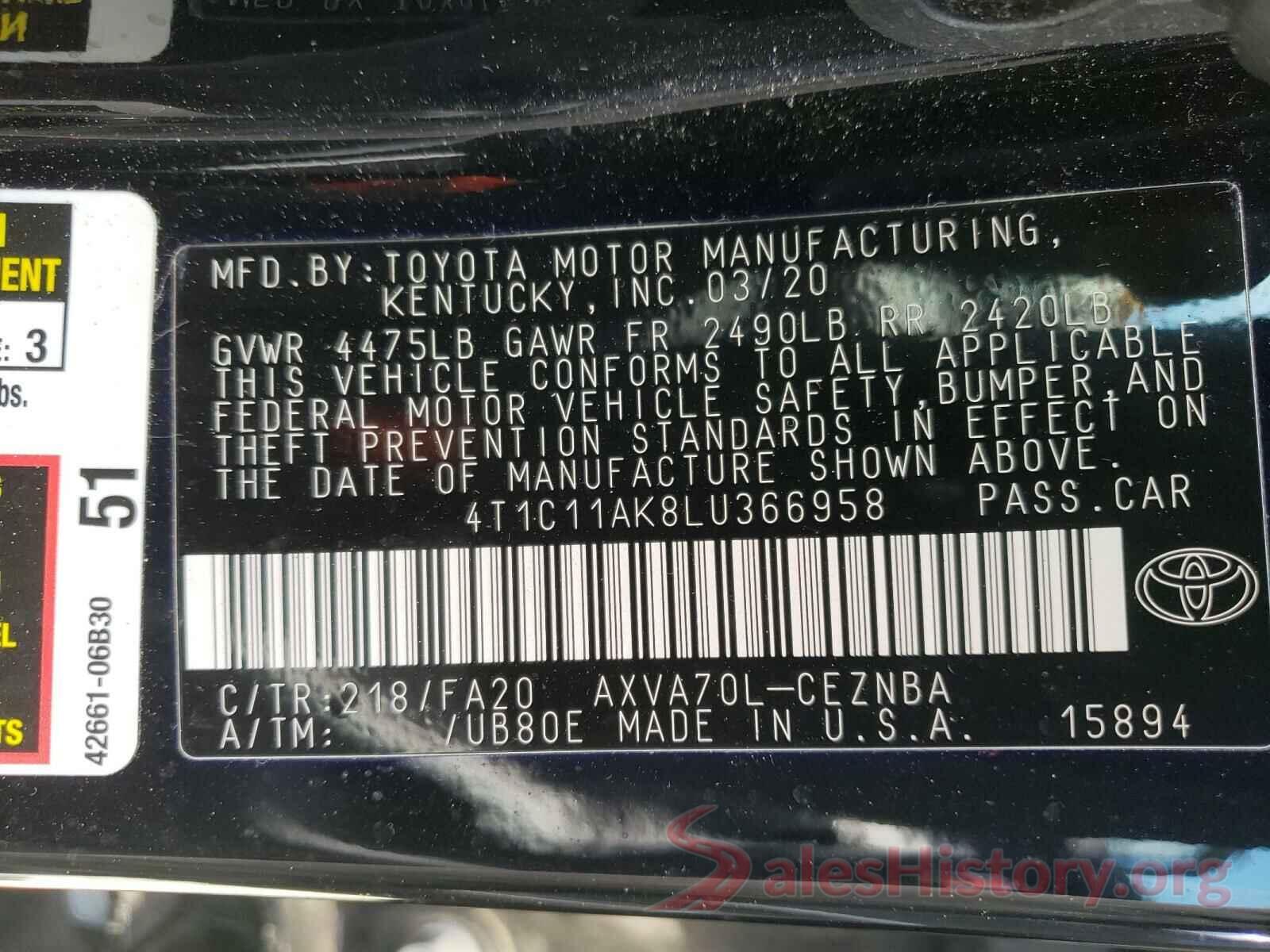 4T1C11AK8LU366958 2020 TOYOTA CAMRY