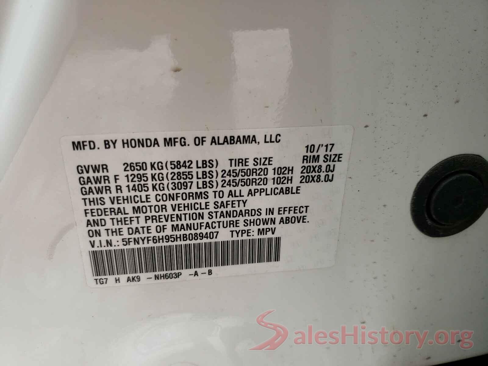 5FNYF6H95HB089407 2017 HONDA PILOT