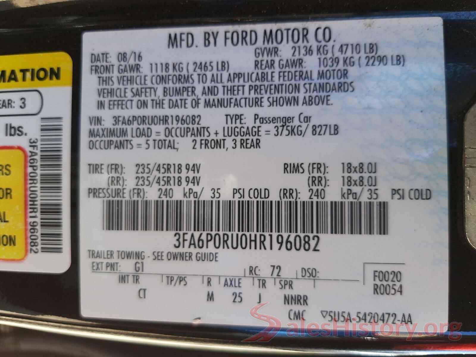 3FA6P0RU0HR196082 2017 FORD FUSION