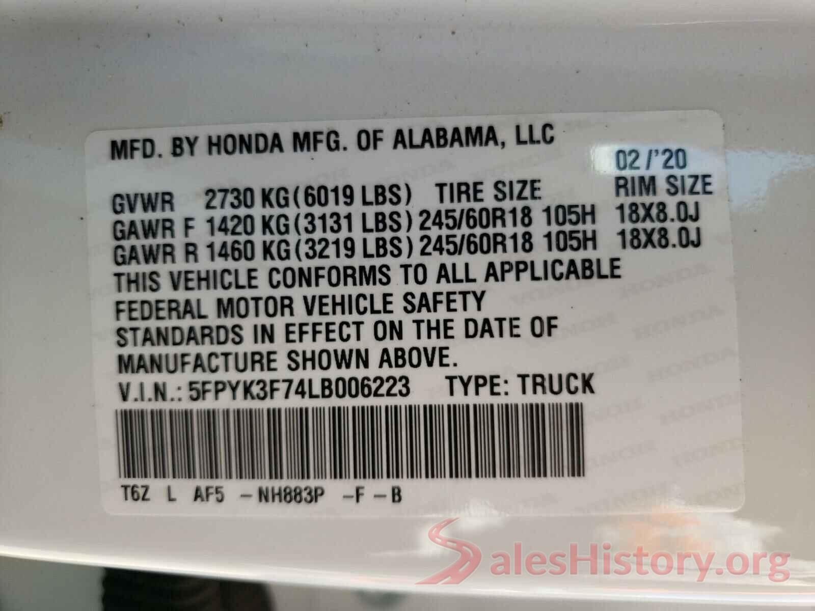 5FPYK3F74LB006223 2020 HONDA RIDGELINE