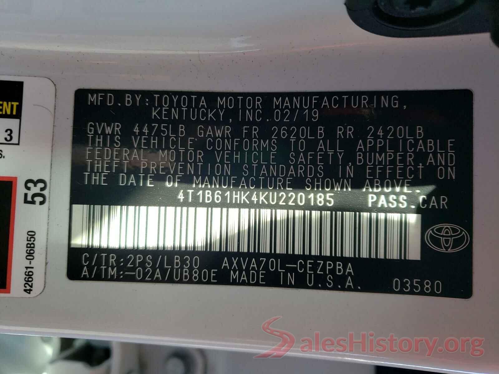 4T1B61HK4KU220185 2019 TOYOTA CAMRY