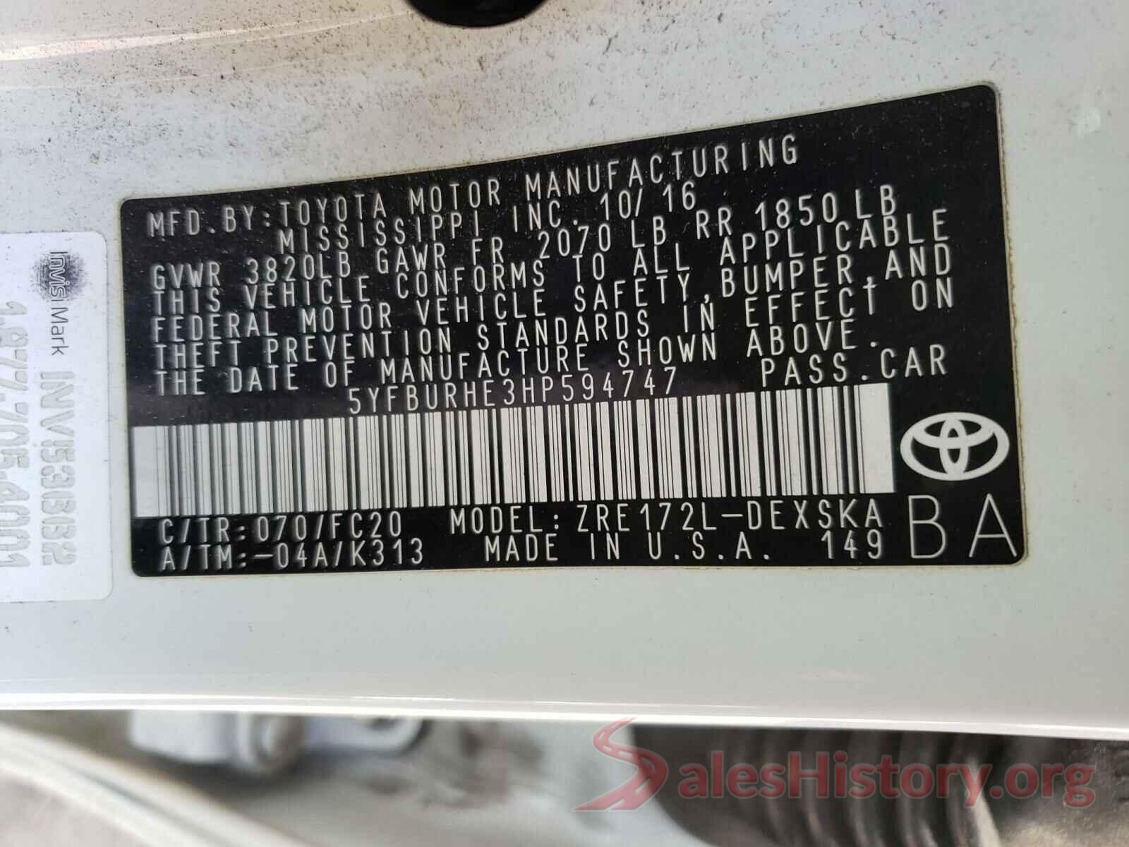 5YFBURHE3HP594747 2017 TOYOTA COROLLA