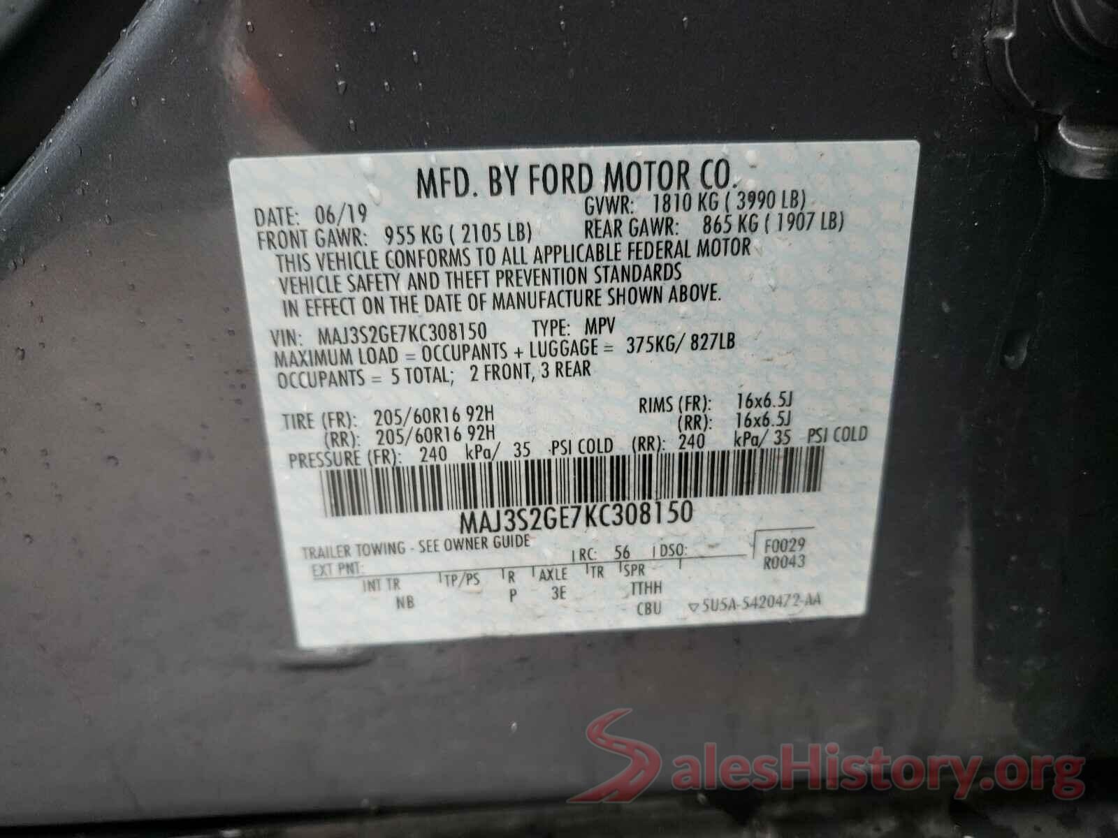 MAJ3S2GE7KC308150 2019 FORD ALL OTHER