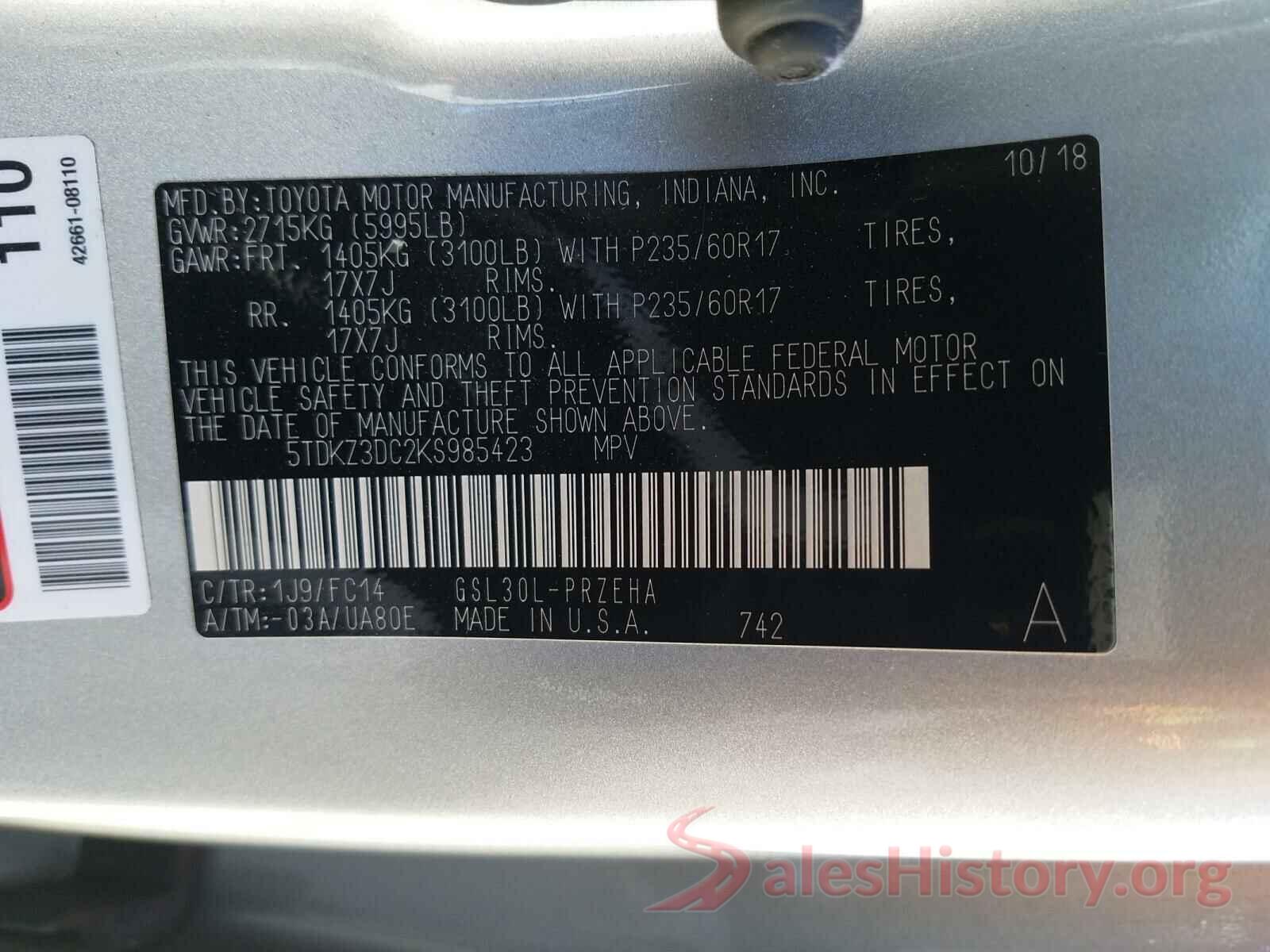 5TDKZ3DC2KS985423 2019 TOYOTA SIENNA