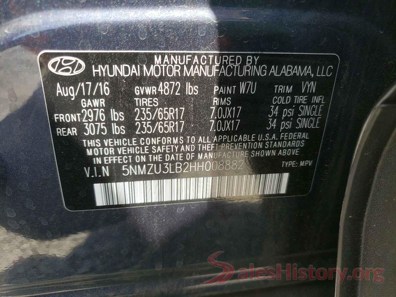 5NMZU3LB2HH008882 2017 HYUNDAI SANTA FE