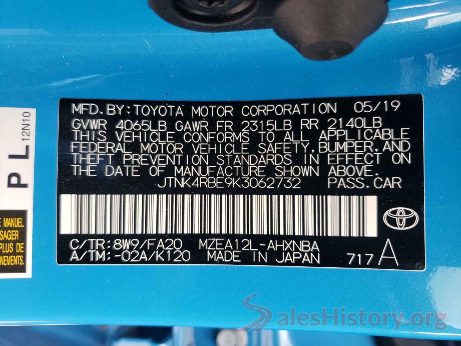 JTNK4RBE9K3062732 2019 TOYOTA COROLLA