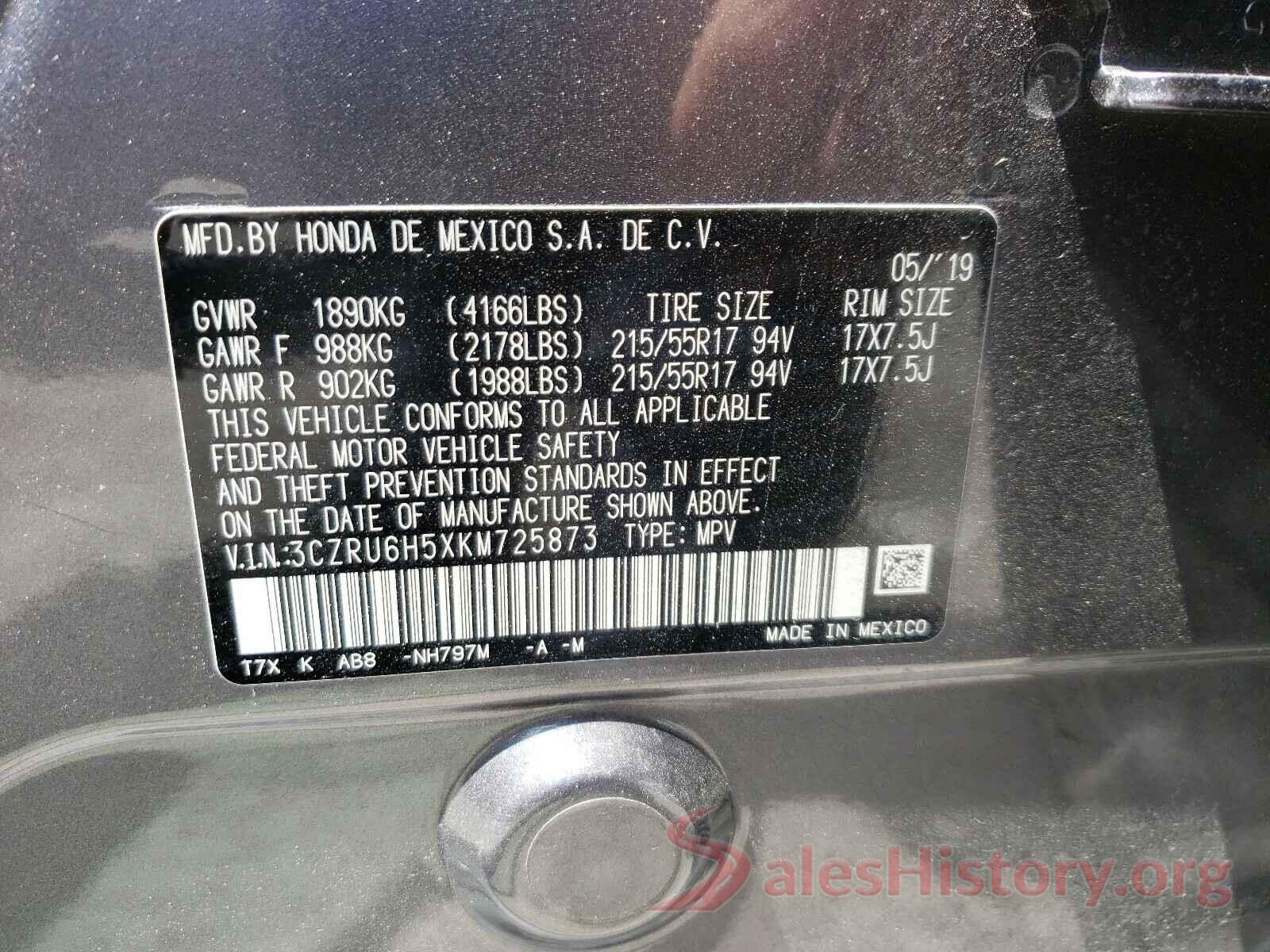 3CZRU6H5XKM725873 2019 HONDA HR-V