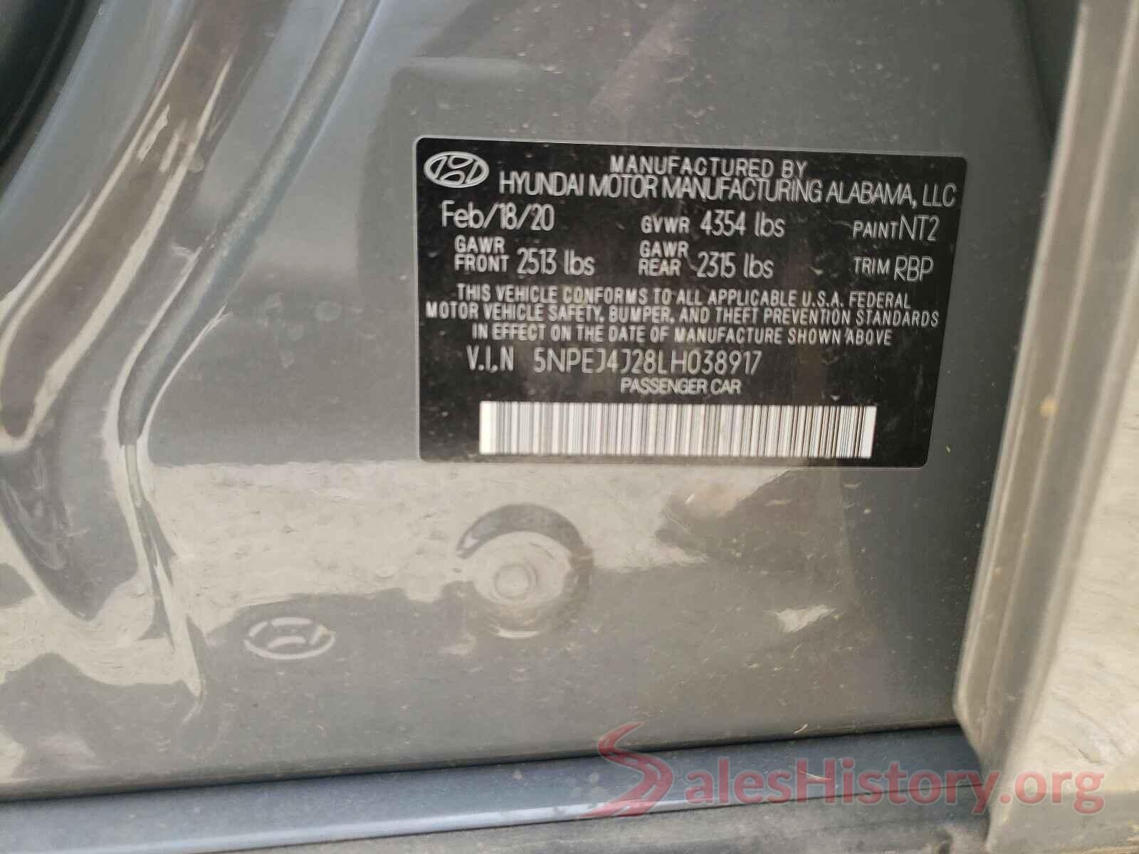 5NPEJ4J28LH038917 2020 HYUNDAI SONATA