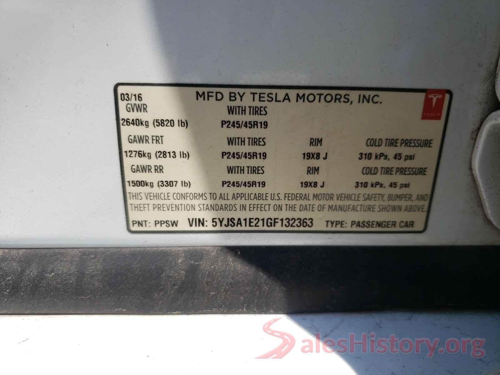 5YJSA1E21GF132363 2016 TESLA MODEL S