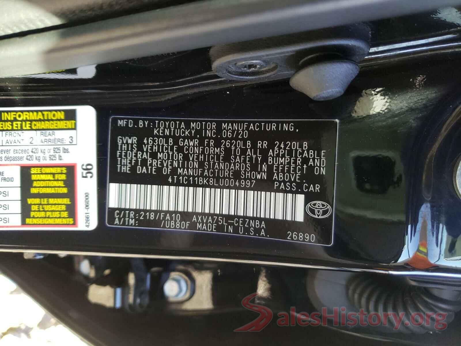 4T1C11BK8LU004997 2020 TOYOTA CAMRY