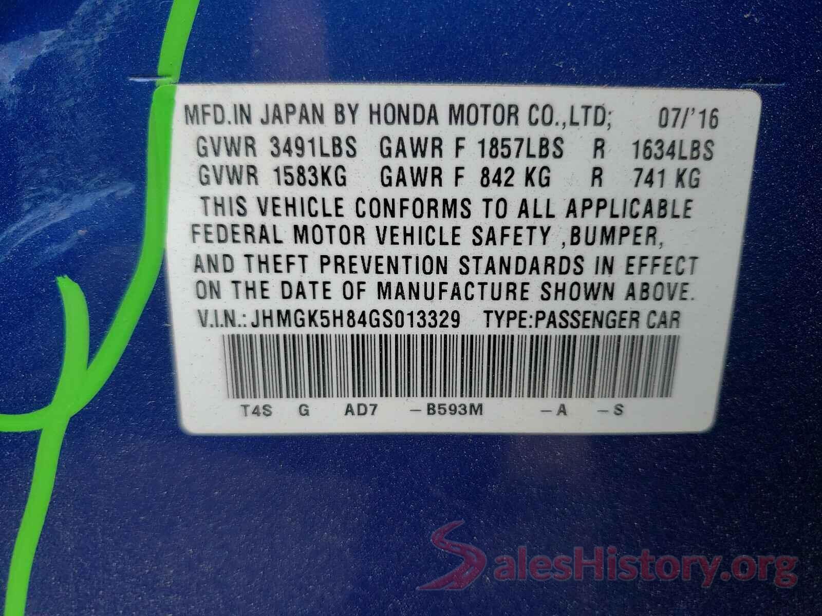 JHMGK5H84GS013329 2016 HONDA FIT