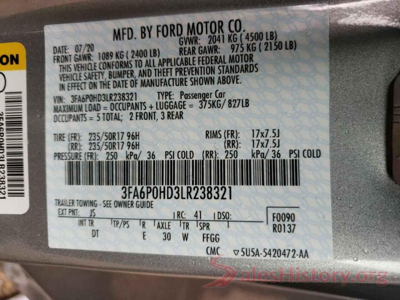 3FA6P0HD3LR238321 2020 FORD FUSION