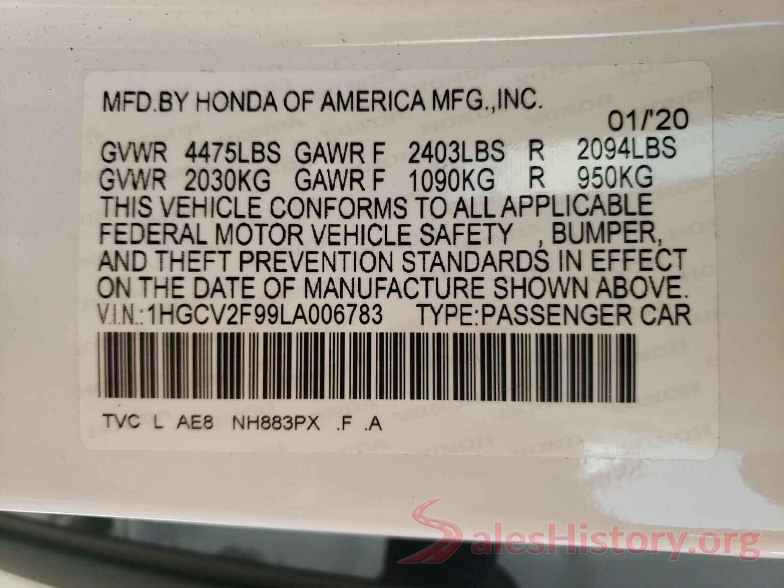 1HGCV2F99LA006783 2020 HONDA ACCORD