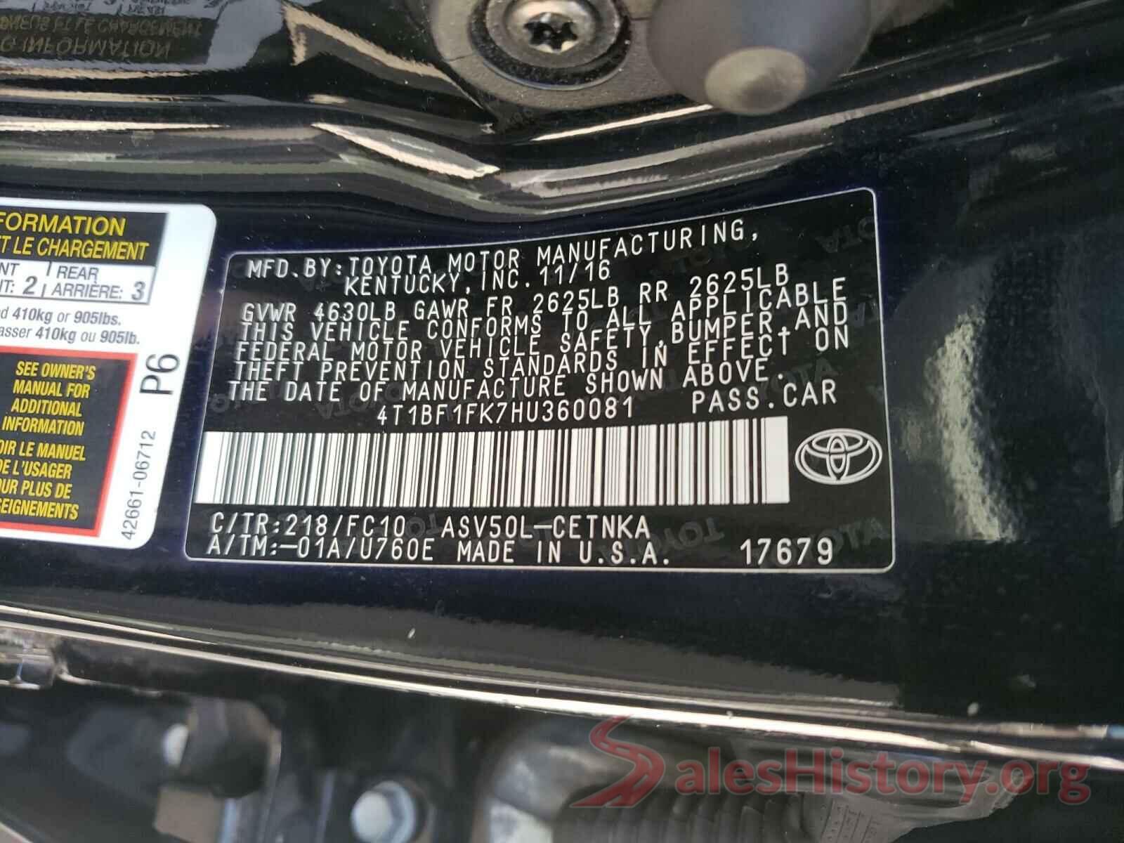 4T1BF1FK7HU360081 2017 TOYOTA CAMRY