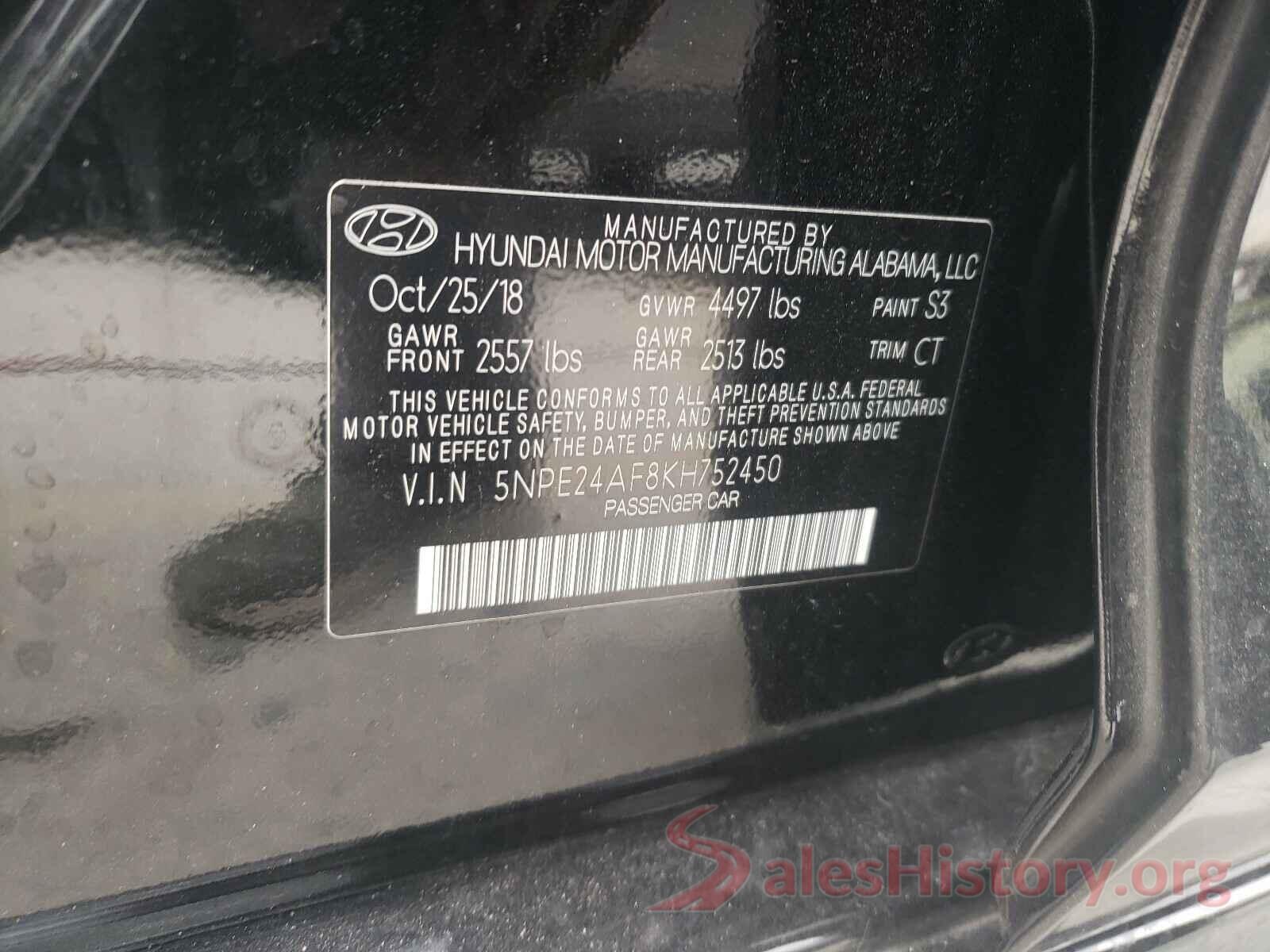 5NPE24AF8KH752450 2019 HYUNDAI SONATA