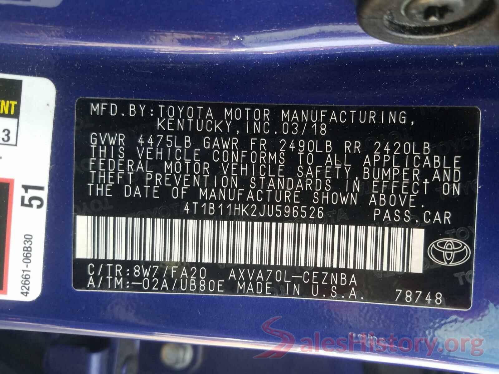 4T1B11HK2JU596526 2018 TOYOTA CAMRY