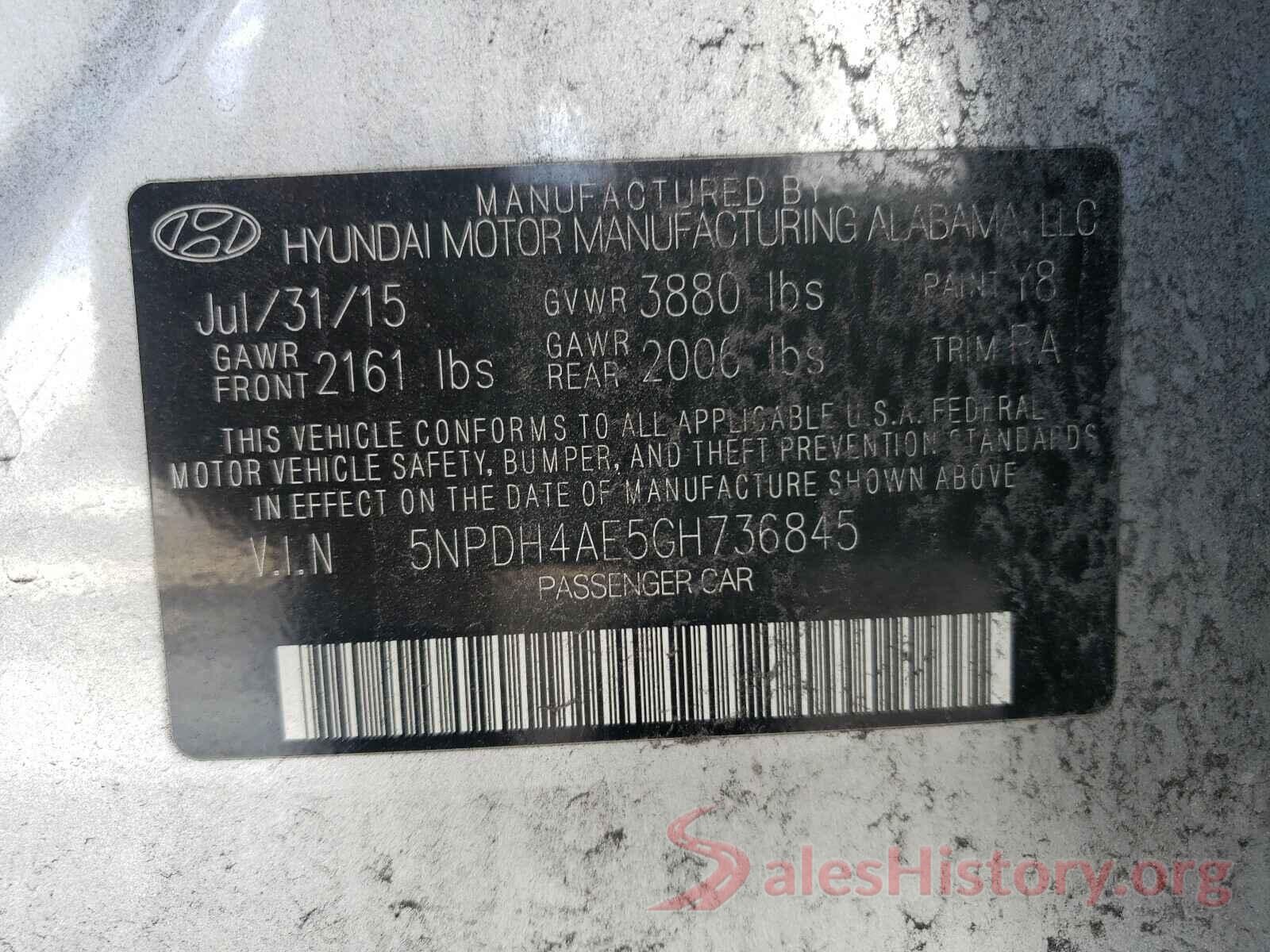 5NPDH4AE5GH736845 2016 HYUNDAI ELANTRA