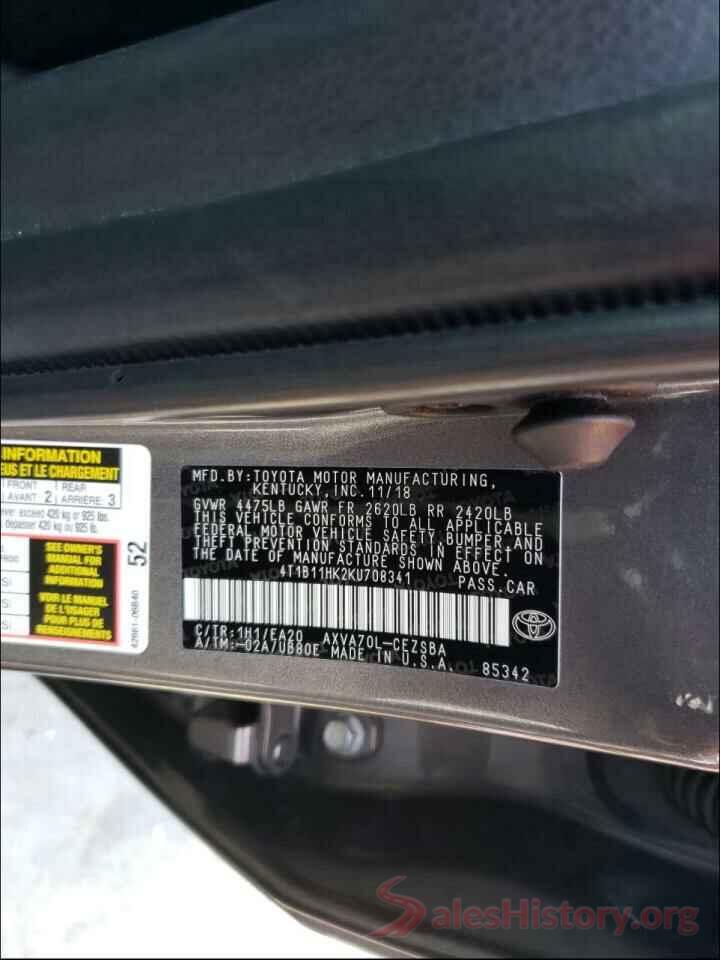 4T1B11HK2KU708341 2019 TOYOTA CAMRY