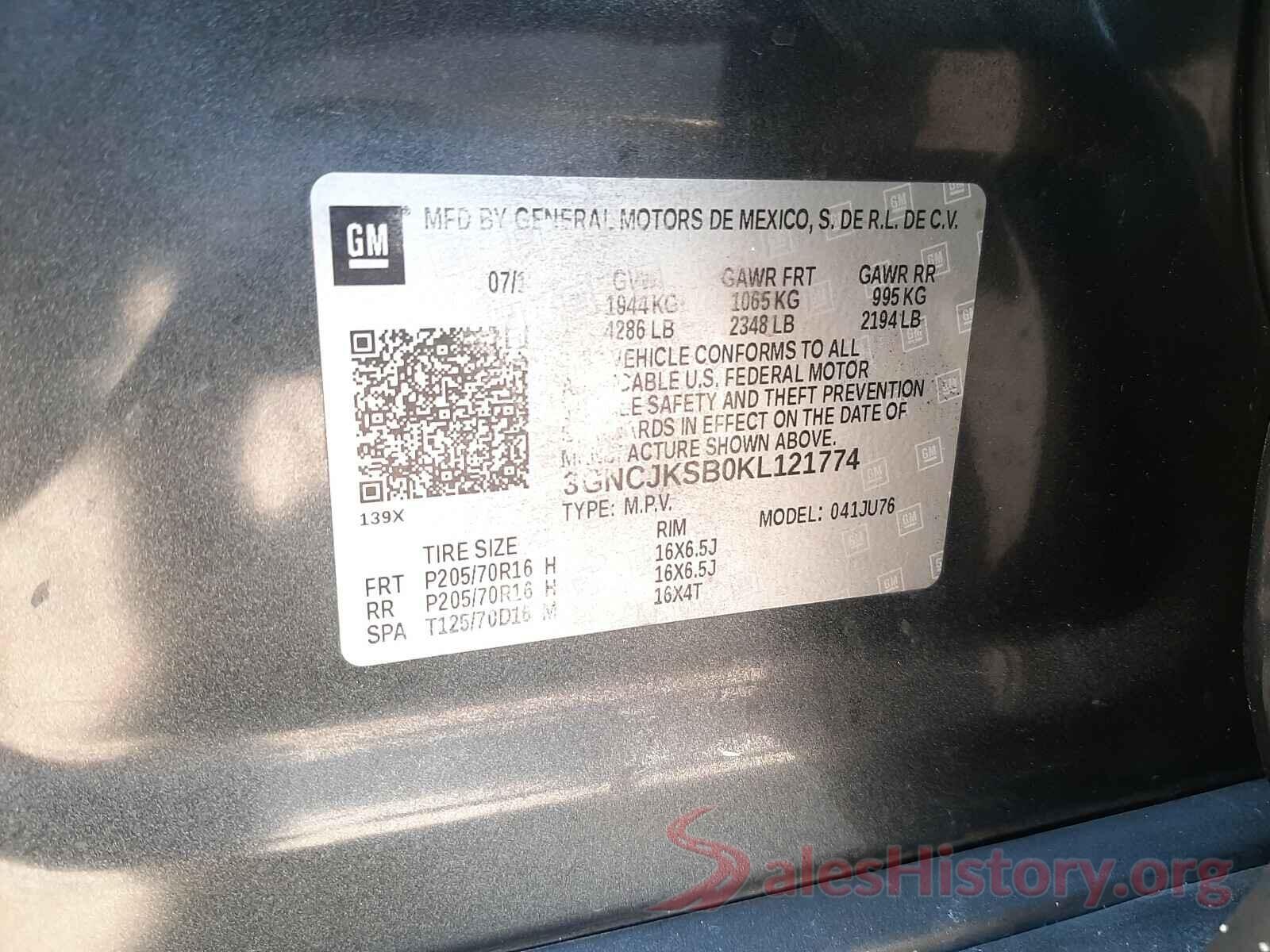 3GNCJKSB0KL121774 2019 CHEVROLET TRAX