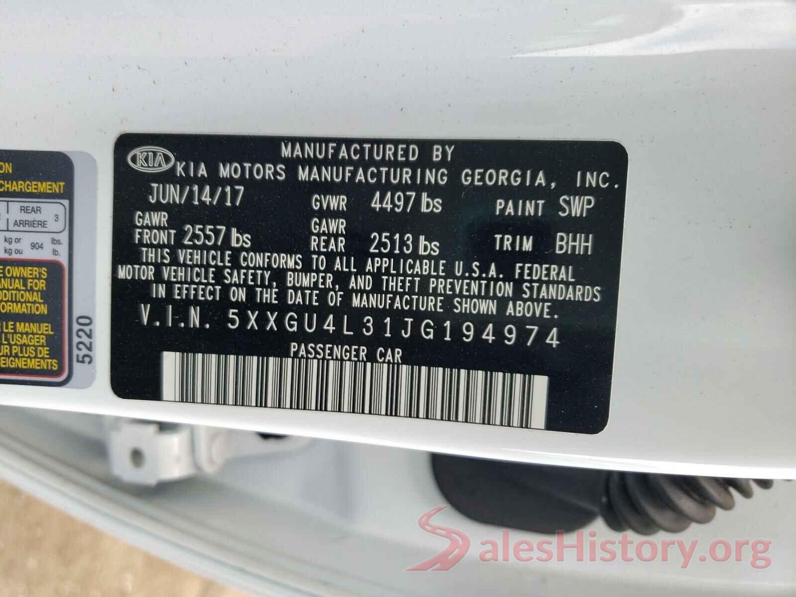 5XXGU4L31JG194974 2018 KIA OPTIMA