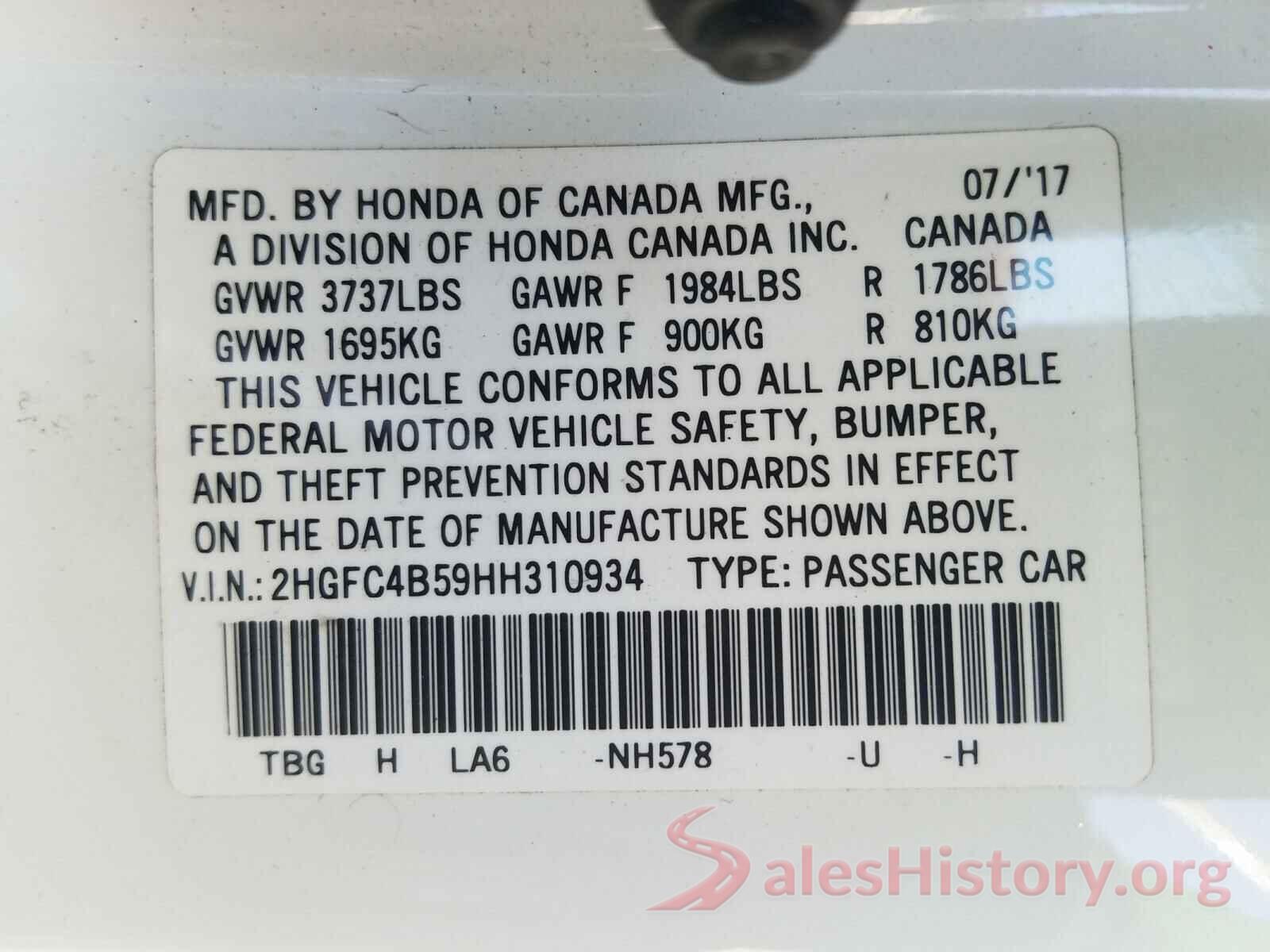 2HGFC4B59HH310934 2017 HONDA CIVIC