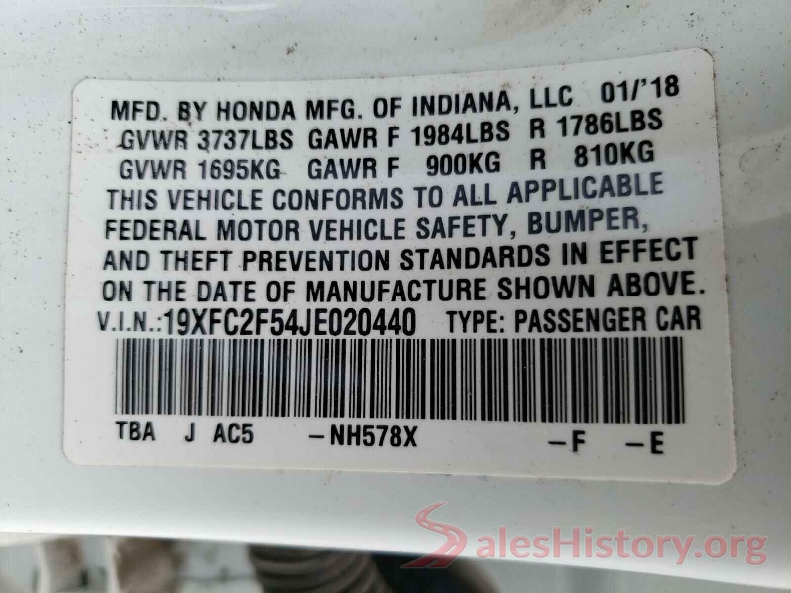 19XFC2F54JE020440 2018 HONDA CIVIC