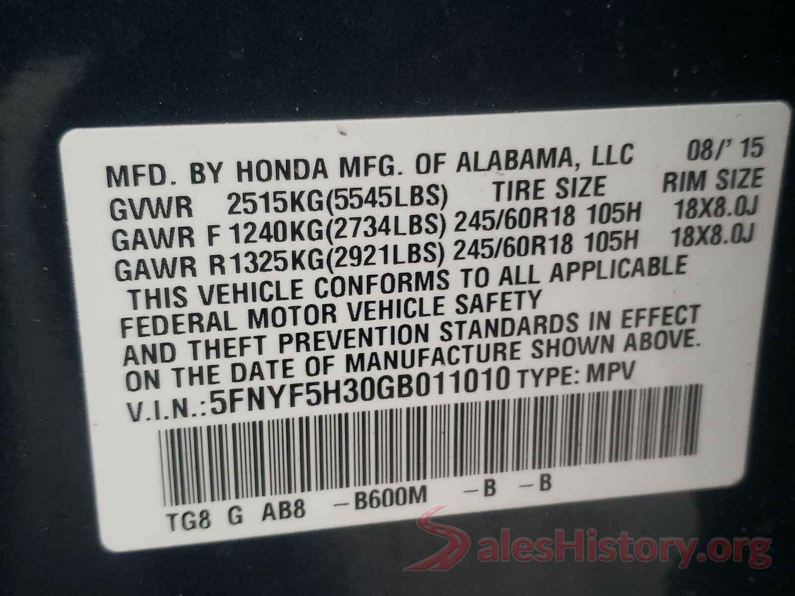 5FNYF5H30GB011010 2016 HONDA PILOT